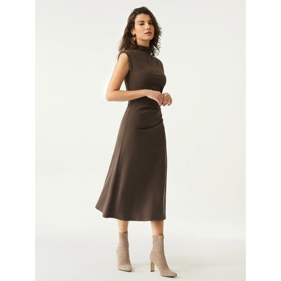 OGL Mockneck Tucks Midi Dress - Hazelnut Coco Sleeveless Brown Ruched Size PXL - Picture 2 of 15